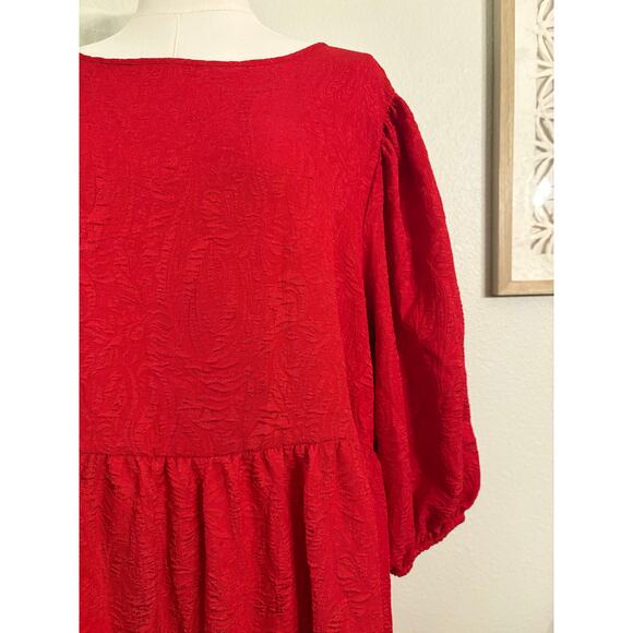 AVA & VIV Red Tiered Long Maxi Dress | Short Sleeve Shimmery Party Holiday | 1X - Picture 3 of 10